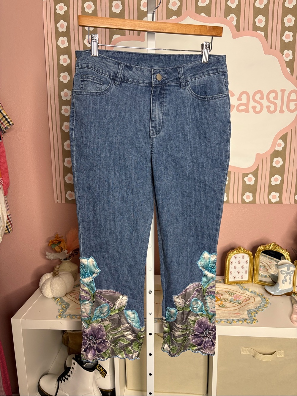 Soft Surroundings Embroidered Floral Hem Straight Jeans - Blue